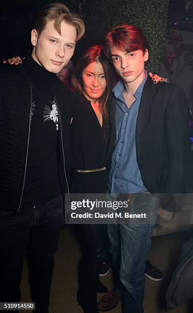 Roland van der Lepp, Mimi Nishikawa and Sascha Bailey attend the Ciroc & NME Awards 2016 after party hosted by Fran Cutler at The Cuckoo Club on...