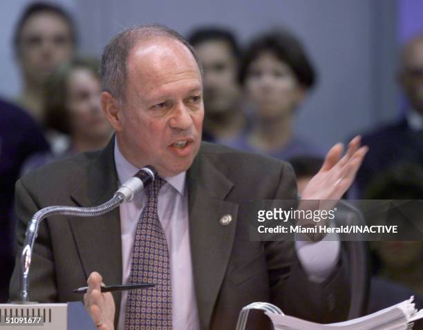 Miami City Manager Donald H. Warshaw Speaks During A Miami City Commission Meeting April 27, 2000 In Coconut Grove Fl. Miami Mayor Joe Carollo Fired...