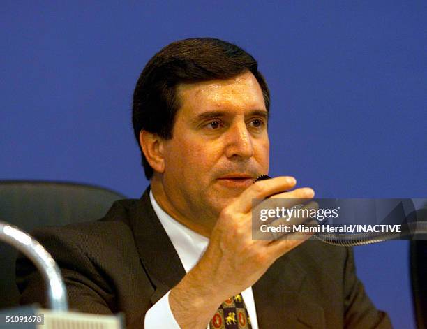 Miami Mayor Joe Carollo Speaks During A Miami City Council Meeting April 27, 2000 In Coconut Grove, Fl. Carollo Fired The Miami City Manager Donald...