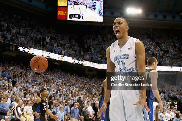 Brice Johnson of the North Carolina Tar Heels reacts after a basket during their game against the Duke Blue Devils at Dean Smith Center on February...