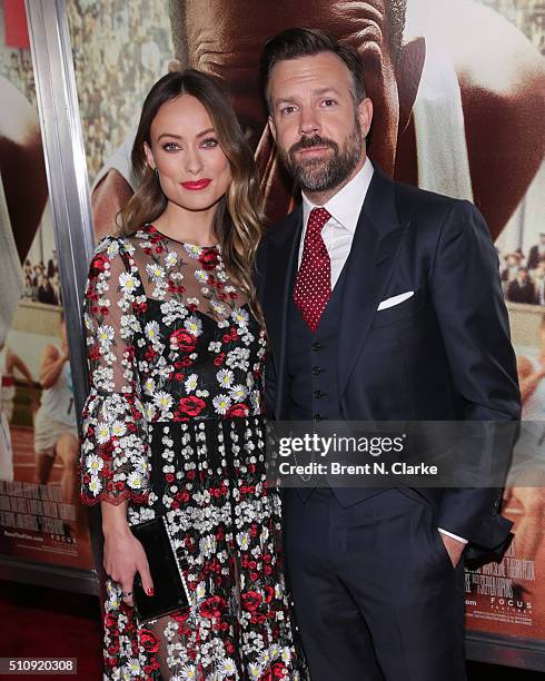 Actress/model Olivia Wilde and actor Jason Sudeikis attend the "Race" New York screening held at Landmark's Sunshine Cinema on February 17, 2016 in...