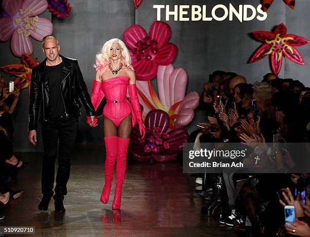 Designers David Blond and Phillipe Blond walk the runway duringThe Blonds runway show during Fall 2016 MADE Fashion Week at Milk Studios on February...