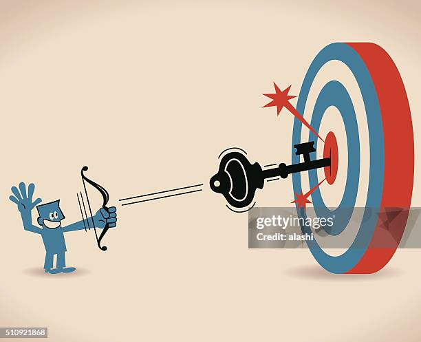 businessman shooting at the target with bow and key arrow - flying-arrow-archery stock illustrations
