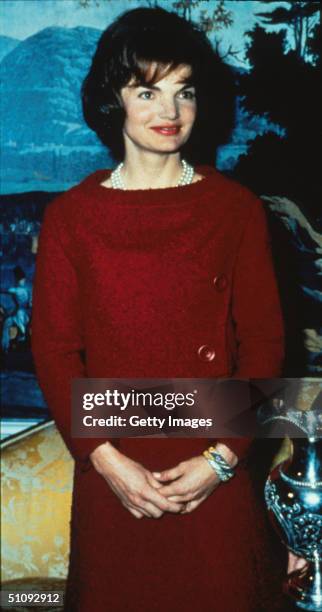 File Photo: First Lady Jacqueline Kennedy Wears A Chez Ninon Two-Piece Day Dress February 14, 1962 During A Nationally Televised Valentine's Day Tour...
