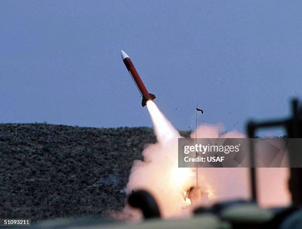 Us Air Force Personnel Launch A Test Patriot Missile During An Exercise Involving The Militaries Of The Us, Canada, Germany, And The Netherlands...