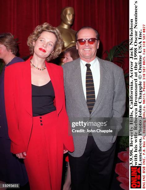 Beverly Hills, California. Actor Jack Nicholson With His Wife Rebecca Broussard At The 1998 Oscar Nominee's Luncheon.