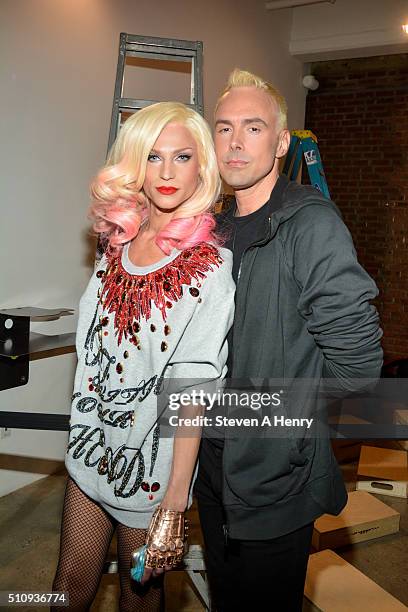 Phillipe Blond and David Blond poses baskstage at The Blonds Fall 2016 at Milk Studios on February 17, 2016 in New York City.
