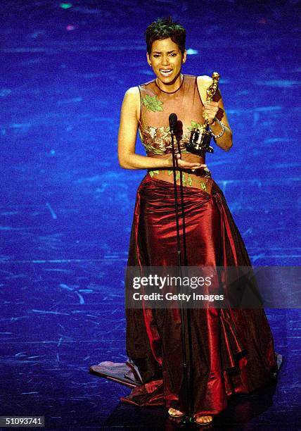 Halle Berry Makes An Emotional Acceptance Speech After Receiving The Best Actress Award For Her Role In "Monster's Ball," During The 74Th Annual...