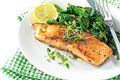 grilled salmon with thyme, lemon and spinach, vegetarian food