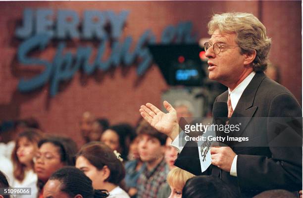 Jerry Springer Speaks To Guests During His Show December 17, 1998. The Show Which Features Violent Outbrusts And Adult Content Has Been Soaring In...