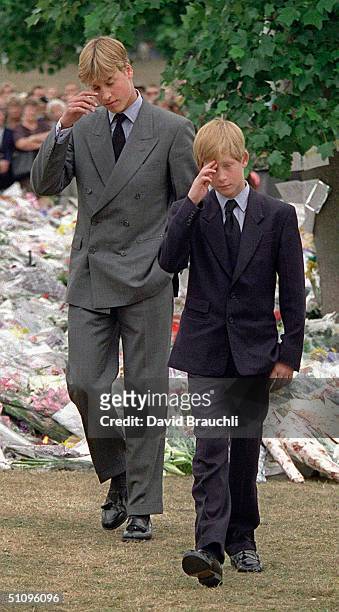 Prince William, Left, And Prince Harry Gesture After They Arrived At Kensington Palace To View Some Of The Flowers And Mementos Left In Memory Of...
