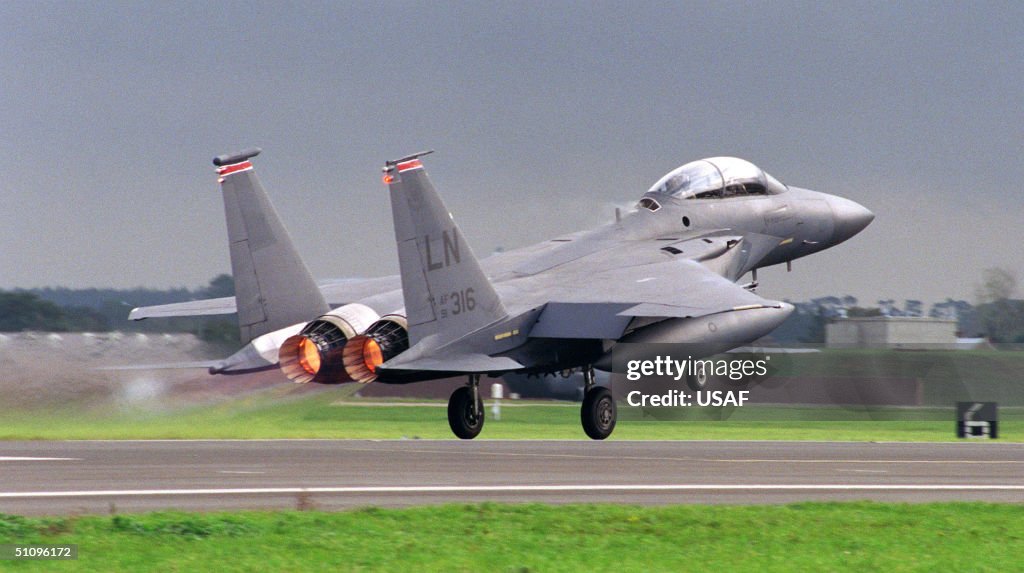 With Its Afterburners Glowing A U S Air Force F 15E Eagle Lifts Off