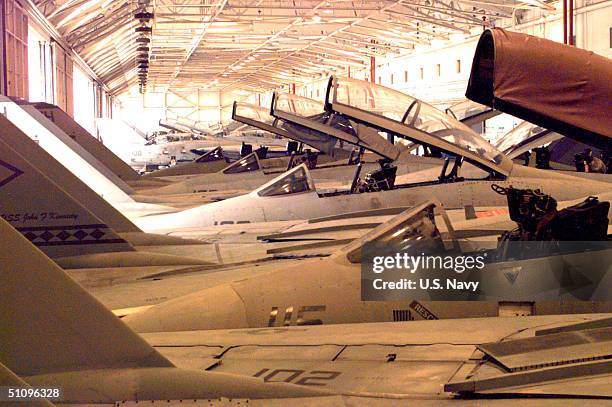 Tomcats" Squeeze Into Hangar 500 At Naval Air Station Oceana In Preparation Of Hurricane Bonnie's Approach August 25, 1998.