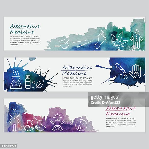 alternative medicine banners with alternative healing line icons set - foot massage icon stock illustrations