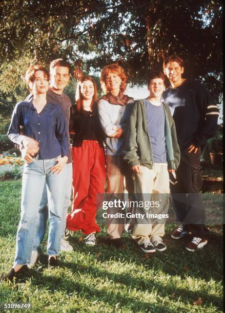 The Cast Of "Get Real." From L-R: Debrah Farentino, Jon Tenney, Anne Hathaway, Christina Pickles, Jesse Eisenberg And Eric Olsen. 1999 Twentieth...