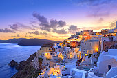 Santorini sunset at dawn village of Oia Greece
