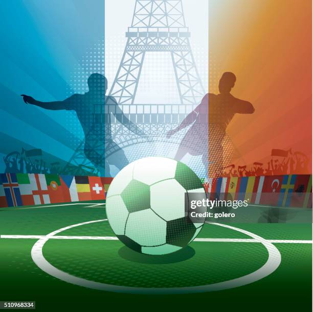 frankreich fußball-stadion mit silhouetten eiffelturm und spieler - famous footballers silhouette stock-grafiken, -clipart, -cartoons und -symbole