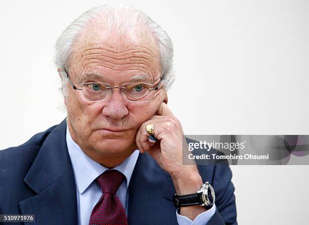 King Carl XVI Gustaf of Sweden attends a press conference at the National Museum of Emerging Science and Innovation on February 18, 2016 in Tokyo,...