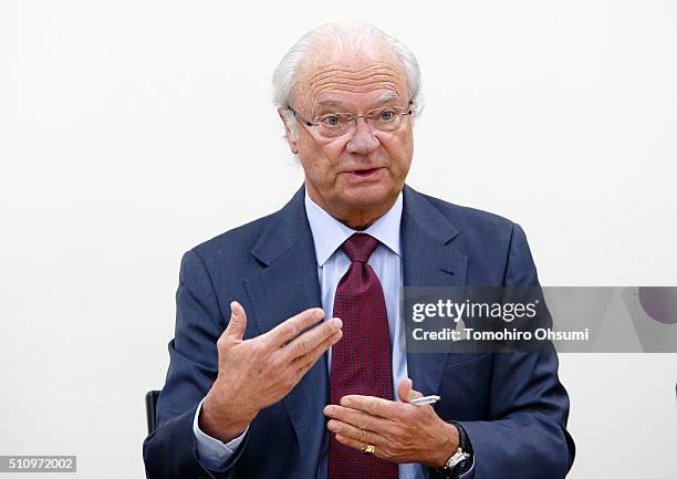 King Carl XVI Gustaf of Sweden speaks during a press conference at the National Museum of Emerging Science and Innovation on February 18, 2016 in...