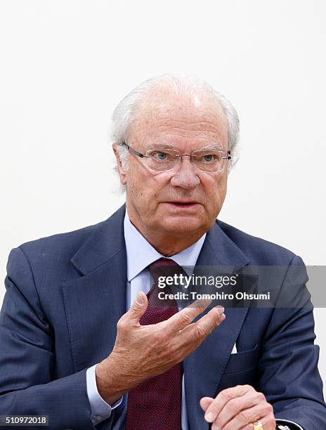 King Carl XVI Gustaf of Sweden speaks during a press conference at the National Museum of Emerging Science and Innovation on February 18, 2016 in...