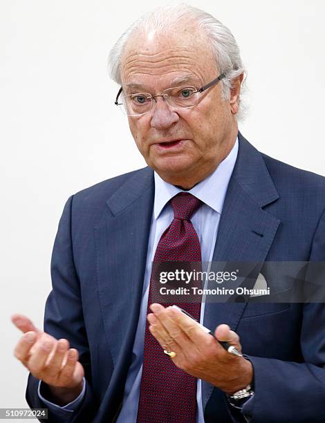 King Carl XVI Gustaf of Sweden speaks during a press conference at the National Museum of Emerging Science and Innovation on February 18, 2016 in...