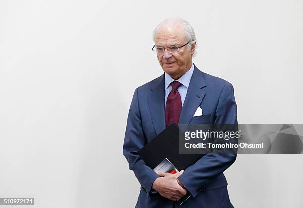 King Carl XVI Gustaf of Sweden arrives for a press conference at the National Museum of Emerging Science and Innovation on February 18, 2016 in...