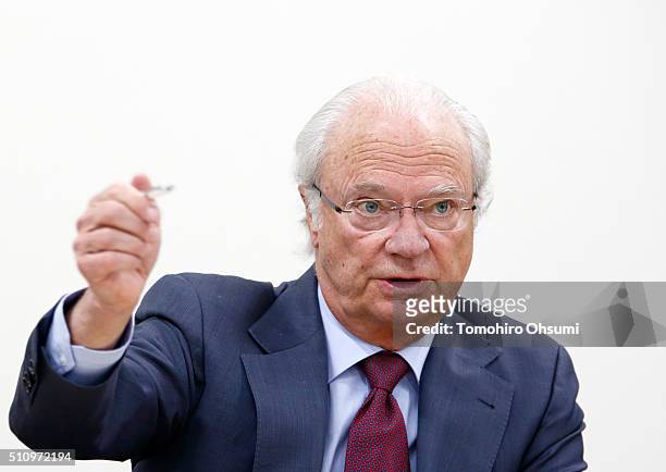 King Carl XVI Gustaf of Sweden speaks during a press conference at the National Museum of Emerging Science and Innovation on February 18, 2016 in...