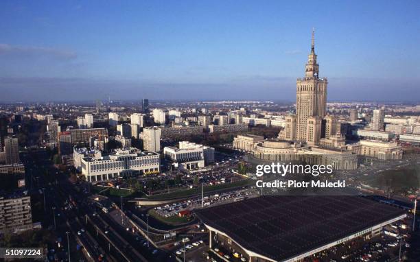 View Of Central Warsaw Showing The Palace Of Culture On The Right And The Central Railway Station On The Bottomrigh.