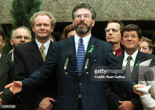 Sinn Fein Leader Gerry Adams , Flanked By Other Members Of The Sinn Fein Negotiating Team, Including Chief Negotiator Martin Mcguinness , Voices His...