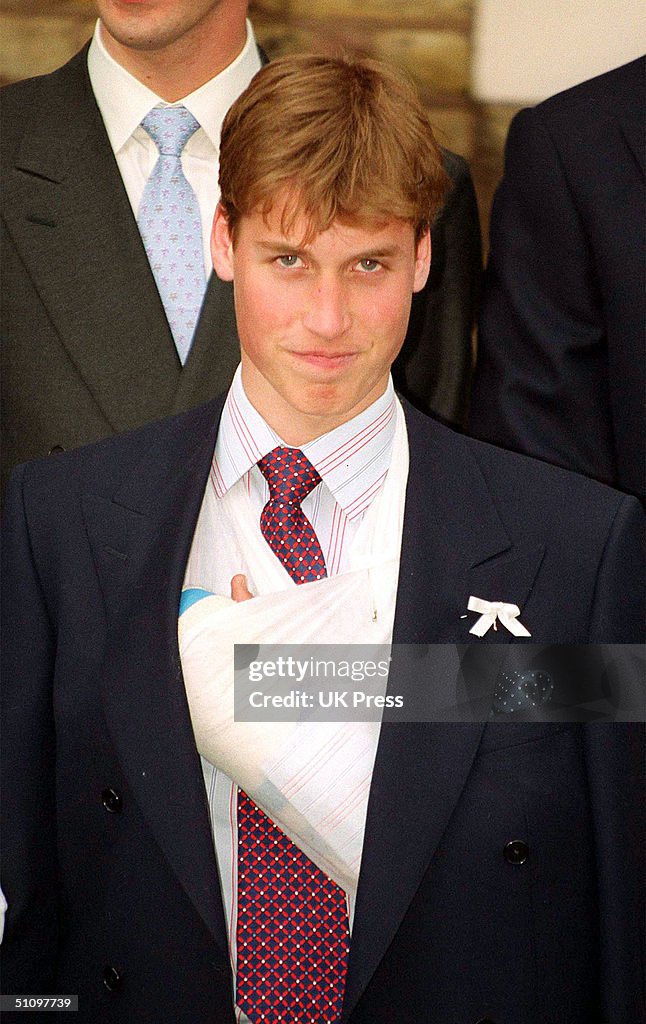 Prince William With His Arm In A Sling Following Surgery On A Broken Finger Arrives For