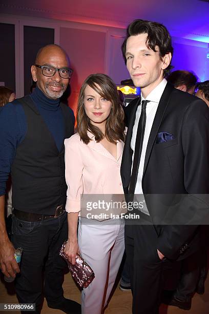 Pierre Sanoussi-Bliss, Alice Dwyer and Sabin Tambrea attend the PantaFlix Party on February 17, 2016 in Berlin, Germany.