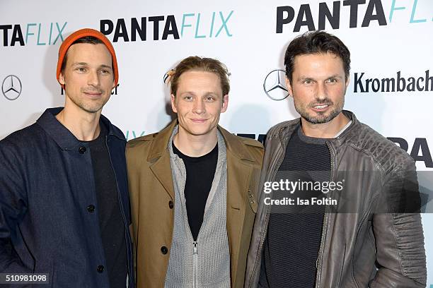 Florian David Fitz, Matthias Schweighoefer and Simon Verhoeven attend the PantaFlix Party on February 17, 2016 in Berlin, Germany.