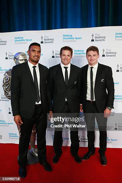 Jerome Kaino, Richie McCaw and Beauden Barrett of the All Blacks pose before the 2016 Halberg Awards at Vector Arena on February 18, 2016 in...