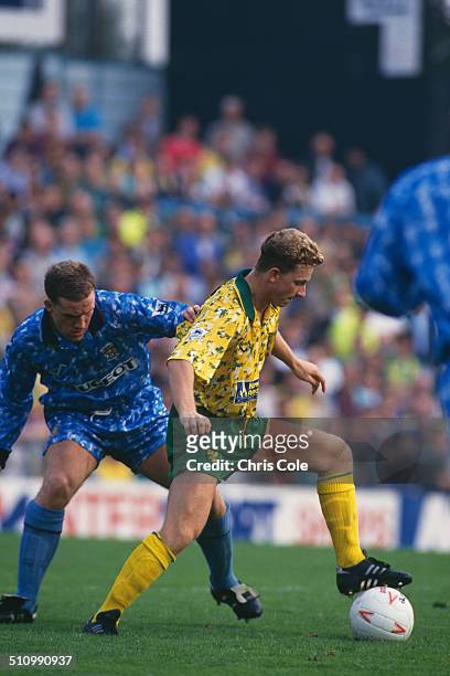 English footballer Mark Robins of Norwich City during an English Premier League match against Coventry City at the Carrow Road stadium, Norwich, 26th...