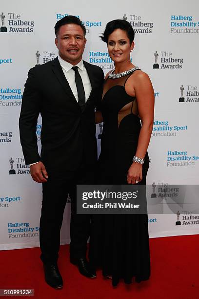 Keven Mealamu of the All Blacks poses with his wife Latai Mealamu during the 2016 Halberg Awards at Vector Arena on February 18, 2016 in Auckland,...