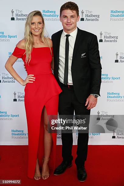 Hannah Laity and Beauden Barrett of the All Blacks before the 2016 Halberg Awards at Vector Arena on February 18, 2016 in Auckland, New Zealand.