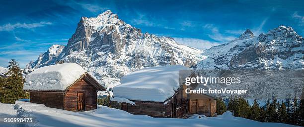 des chalets alpins idyllique montagnes enneigées en hiver, panorama de la suisse - lauterbrunnen photos et images de collection