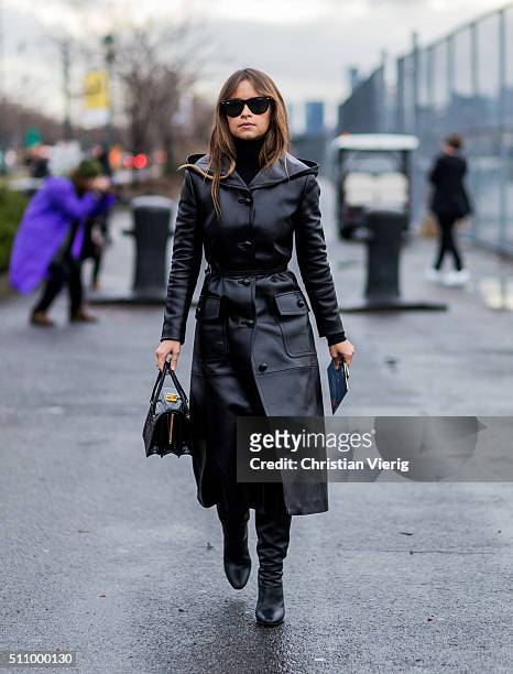 Miroslava Duma wearing a long leather coat seen outside Coach during New York Fashion Week: Women's Fall/Winter 2016 on February 16, 2016 in New York...
