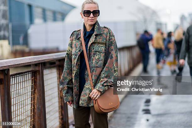 Celine Aargaard wearing a military jacket seen outside Coach during New York Fashion Week: Women's Fall/Winter 2016 on February 16, 2016 in New York...