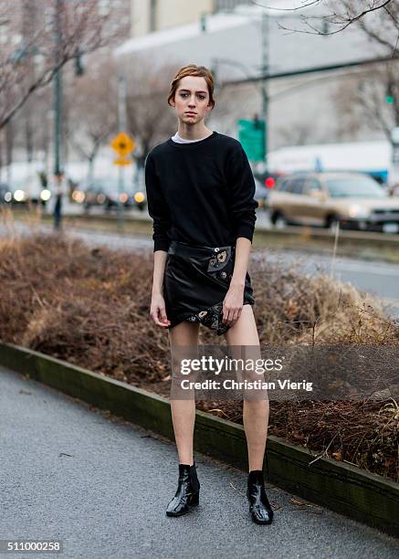 Model Teddy Quinlivan seen outside Coach during New York Fashion Week: Women's Fall/Winter 2016 on February 16, 2016 in New York City.