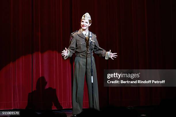 Cyrielle Clair performs in "Le Retour De Marlene Dietrich" : Theater Play at Espace Pierre Cardin on February 17, 2016 in Paris, France.