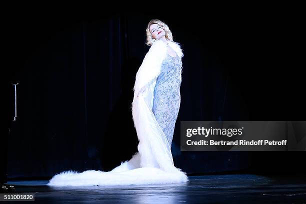 Cyrielle Clair performs in "Le Retour De Marlene Dietrich" : Theater Play at Espace Pierre Cardin on February 17, 2016 in Paris, France.