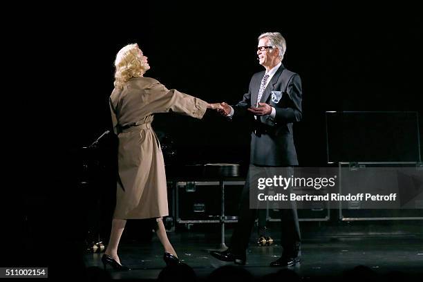 Cyrielle Clair and Gerard Chambre perform in "Le Retour De Marlene Dietrich" : Theater Play at Espace Pierre Cardin on February 17, 2016 in Paris,...