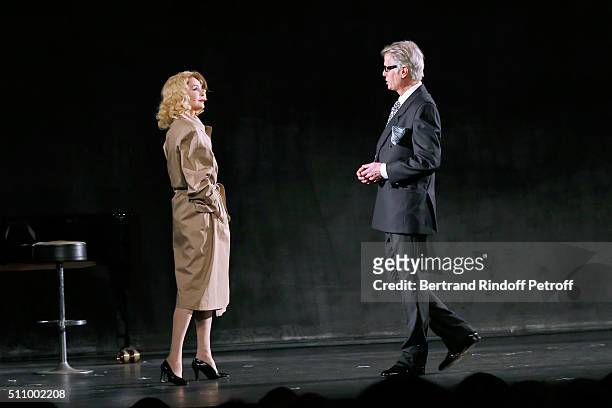 Cyrielle Clair and Gerard Chambre perform in "Le Retour De Marlene Dietrich" : Theater Play at Espace Pierre Cardin on February 17, 2016 in Paris,...