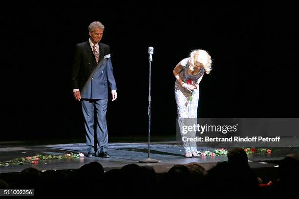 Gerard Chambre and Cyrielle Clair perform in "Le Retour De Marlene Dietrich" : Theater Play at Espace Pierre Cardin on February 17, 2016 in Paris,...