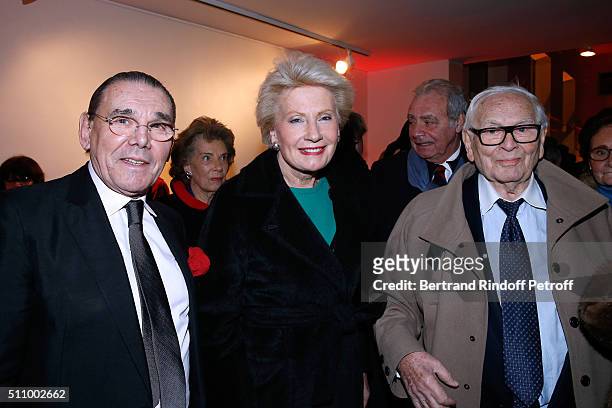 Michel Corbiere, Monique Raimond and Pierre Cardin attend "Le Retour De Marlene Dietrich" : Theater Play at Espace Pierre Cardin on February 17, 2016...