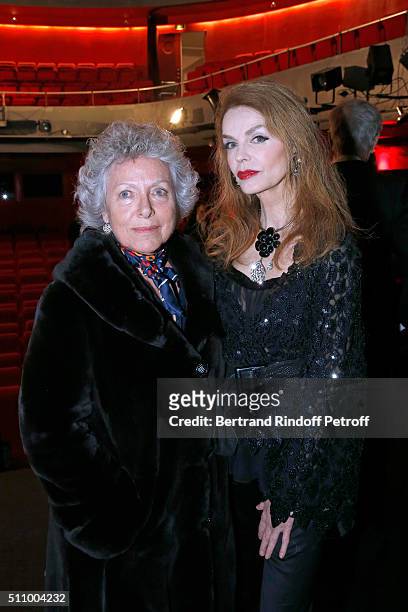 Sophie Rochas and Actress of the Piece Cyrielle Clair attend "Le Retour De Marlene Dietrich" : Theater Play at Espace Pierre Cardin on February 17,...
