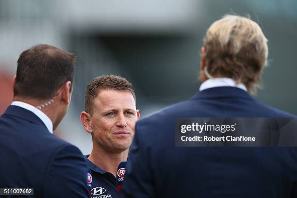 Blues coach Brendon Bolton conducts a television interview prior to the 2016 AFL NAB Challenge match between the Hawthorn Hawks and the Carlton Blues...