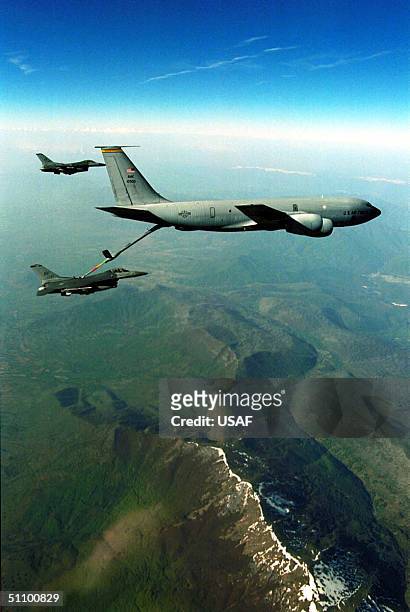 Falcons From The 510Th Fighter Squadron, Aviano Air Base, Italy, Take Fuel From A Kc-135 Over Northern Bosnia As Part Of A Combat Air Patrol Mission...