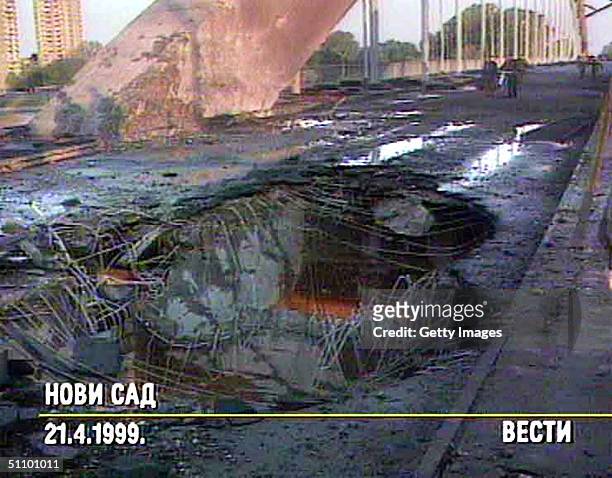 View Of A Damaged Bridge Over The Danube River In Novi Sad, Some 50 Miles North From Belgrade Wednesday April 21, 1999.